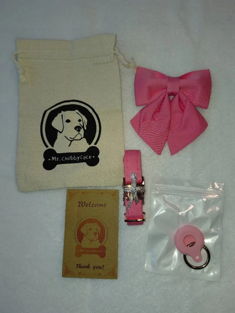 NWT MR. CHUBBYFACE Adjustable Dog Collar w/ Pink Bow & Airtag Small Dogs